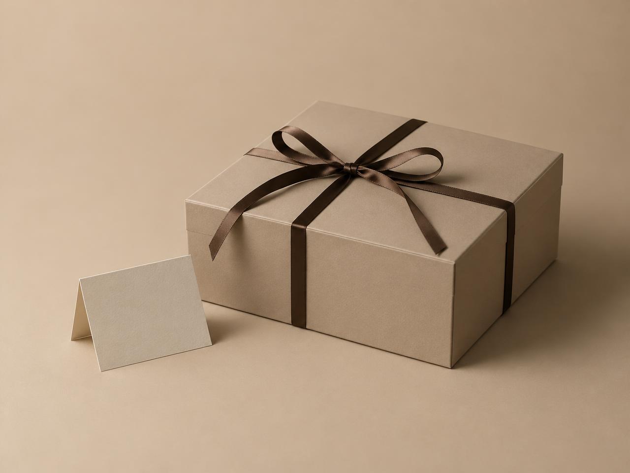 A sand-colored keepsake gift box with an espresso ribbon